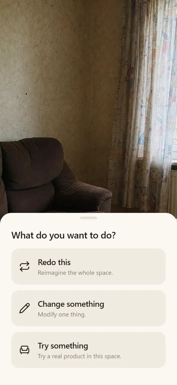 App screen: a photographed living room corner with a sheet asking what to do — redo this, change something, or try something.