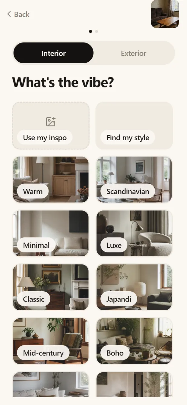 App screen: a grid of vibe cards titled What's the vibe, with interior and exterior tabs.