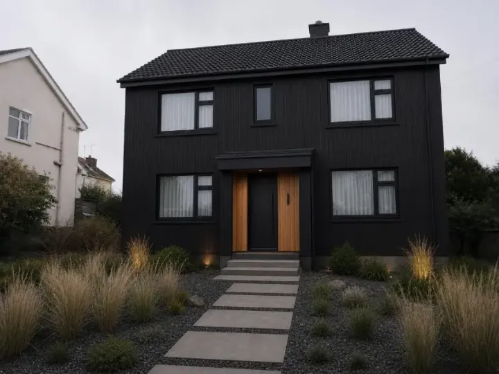 The seventies house from the showcase after its redesign: matte black timber facade, black window frames and gravel planting.