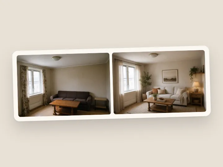 A before-and-after card: the same living room before and after, side by side on one card.